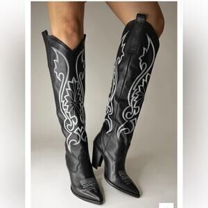 CYNTHIA RICHARD Molly Black Kidskin Leather Western Boot Black Tall Boots Sz 38